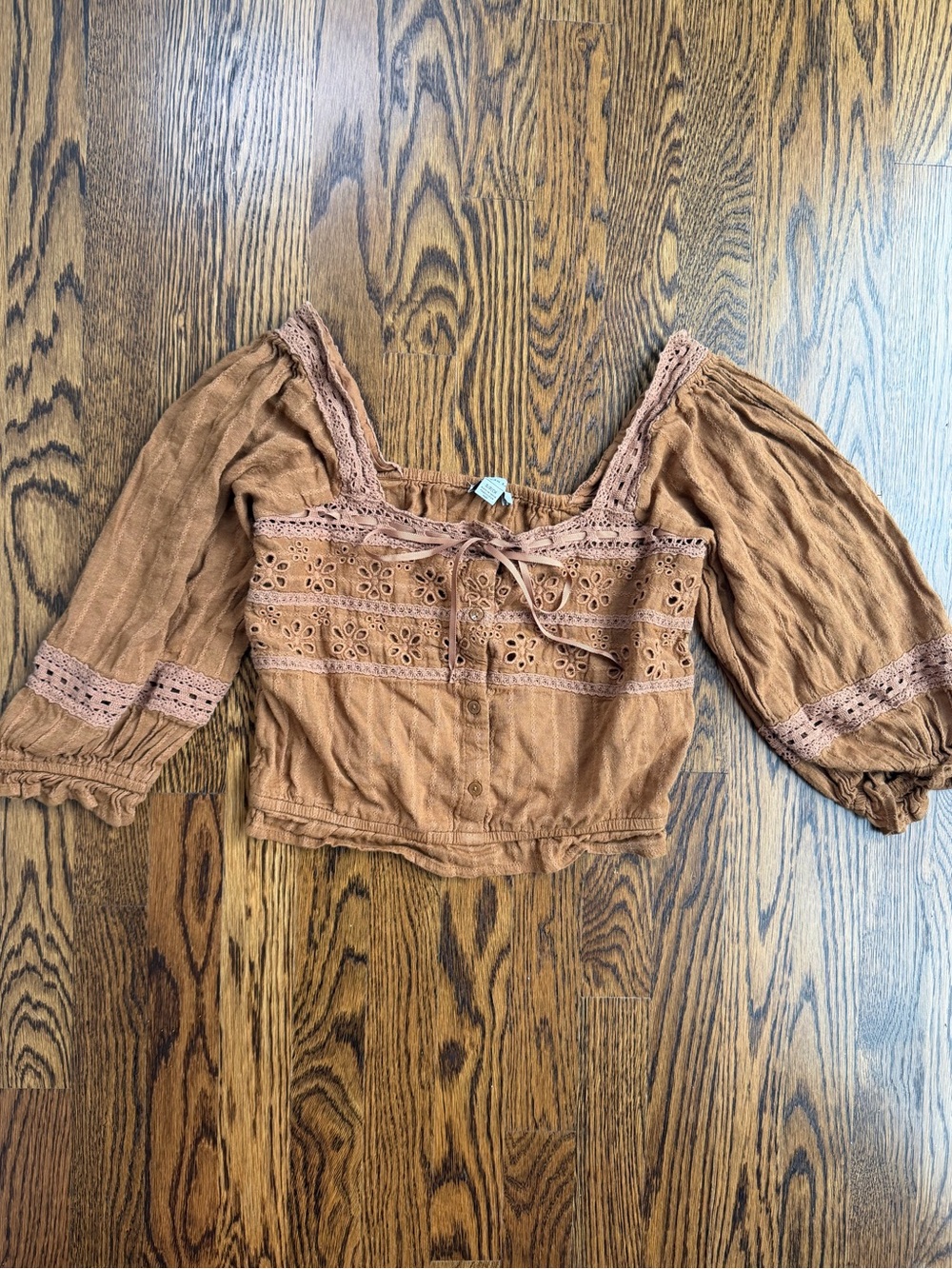 Boho Lace-Trim Puff Sleeve Feminine Rust Boho Top
